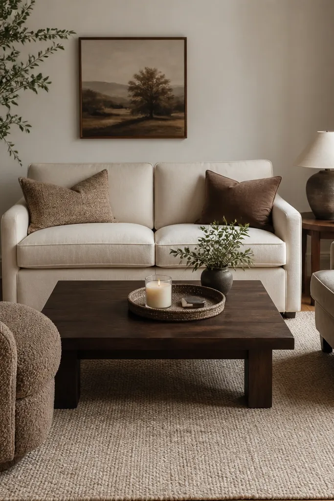 A cozy living room with a small cream sofa. Two chairs flank it, one in a warm taupe bouclé and one in a linen-look fabric in oat. A dark wood coffee table sits centered, and a textured rug in light beige covers the floor. A tray with a candle and matches rests on the coffee table.