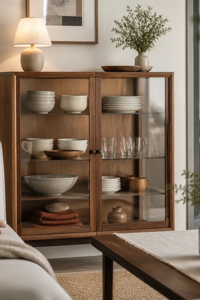 A small apartment living room where a glass-front cabinet holds dining items and extra cups. The cabinet has warm wood sides and clear glass doors. Inside are neatly stacked white plates, a few ceramic bowls, and folded napkins in terracotta. A small lamp sits on the cabinet top, and a coffee table with a linen runner is in front.