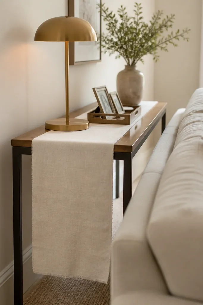 A narrow living room wall with a slim console table behind a sofa. A warm gold or brass table lamp sits on the console. There's a long linen runner in cream, and a small tray holds a couple of framed photos. The background wall is painted soft warm white, and the floor has a light beige rug.