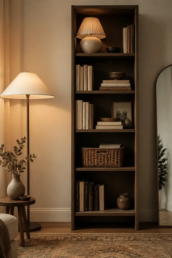 A cozy corner with a tall, narrow bookshelf. The shelves hold books stacked both vertically and horizontally, with decor items placed in three height groups. There's a ceramic lamp on the top shelf, a woven basket on a lower shelf, and a small mirror leaning on the side. Warm light from a floor lamp fills the corner.