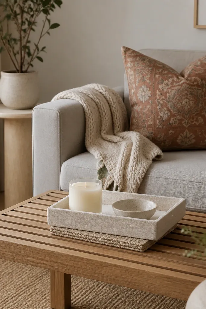A small living room with a wood slat coffee table. On top is a cream linen tray holding a candle in a glass jar and a small ceramic dish. Beneath the tray, there's a subtle textured coaster set. A patterned cushion in muted terracotta sits on the sofa, and a knitted throw hangs over the arm.