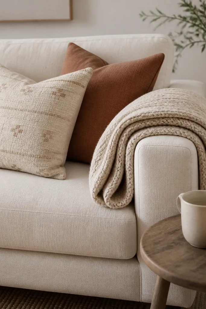 A cream sofa with a throw blanket folded in layers along the side arm. The throw has a chunky knit texture in oatmeal. There are two pillows in warm cream and clay, one with a subtle pattern. A small side table holds a ceramic cup and a lit candle.