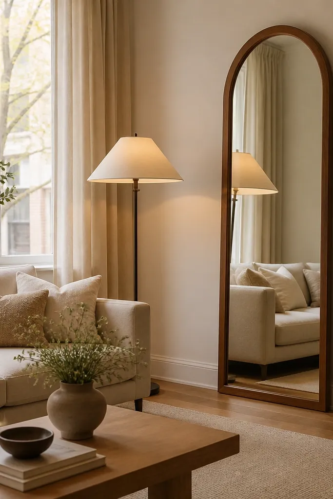 A small living room with a tall arched mirror on the side wall near the window. The mirror has a warm wood frame. A floor lamp stands near the mirror, and the reflection shows a lamp glow and part of the sofa. The rug is light beige, and the sofa has warm cream cushions.