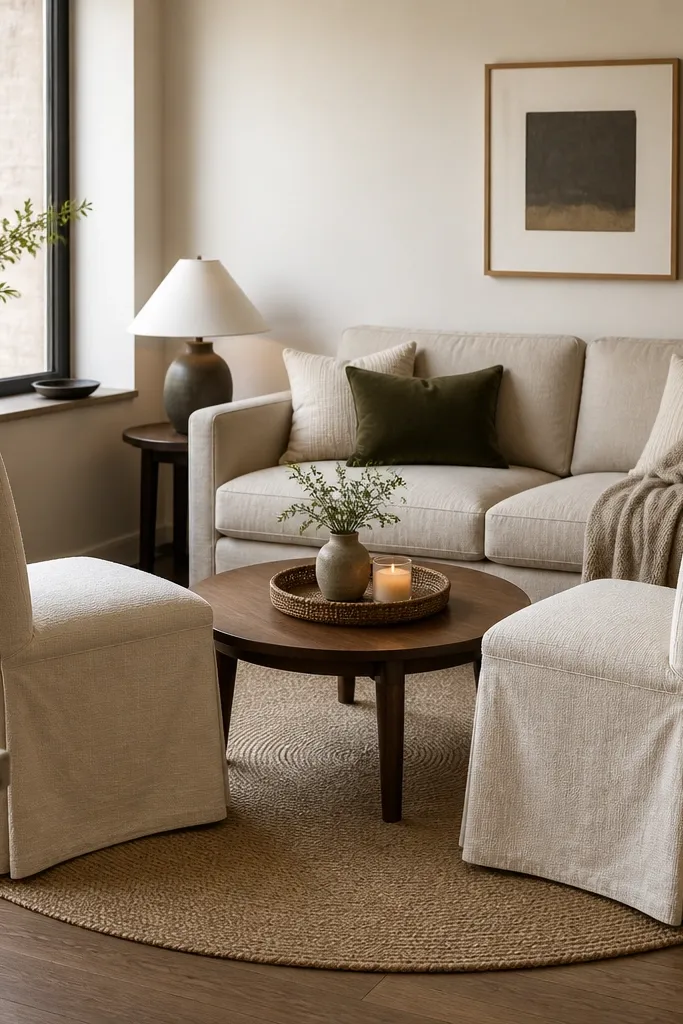 A cozy apartment living room with a small sofa and a coffee table. Two dining chairs with slipcovers sit around the coffee table, ready for guests. The slipcovers are warm cream with subtle texture. A small round rug anchors the seating area, and a tray with a candle sits on the coffee table.