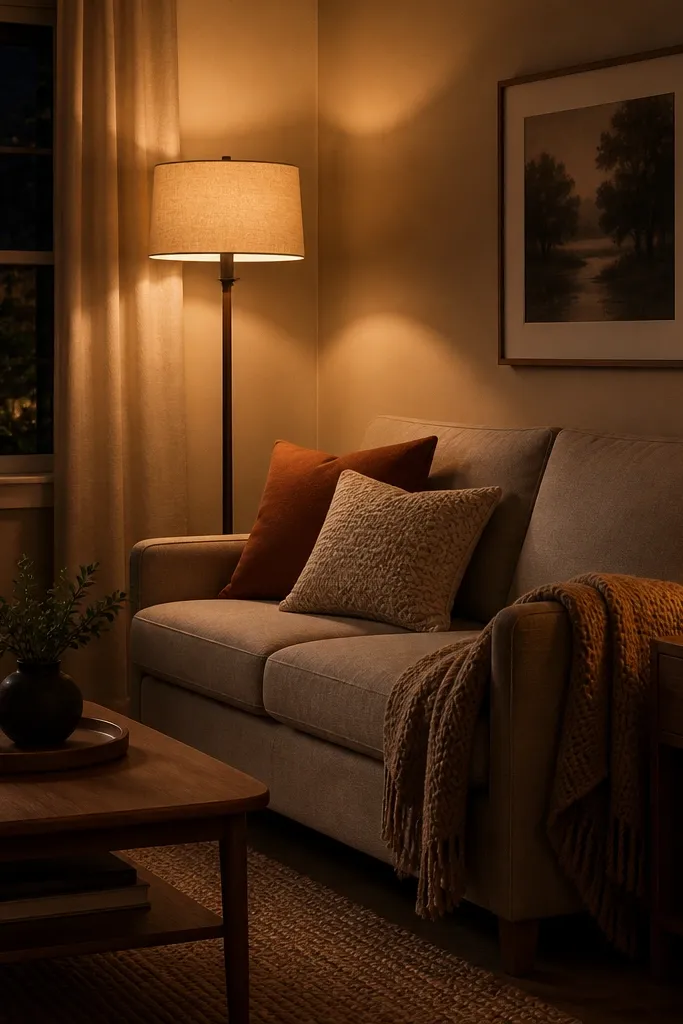 A small cosy living room at night with warm lighting. A floor lamp with a beige shade glows near the corner. A small table lamp sits on a walnut side table. The sofa has a knit throw and two warm-toned pillows. The walls look softly lit, and the rug texture is visible under the lamp light.