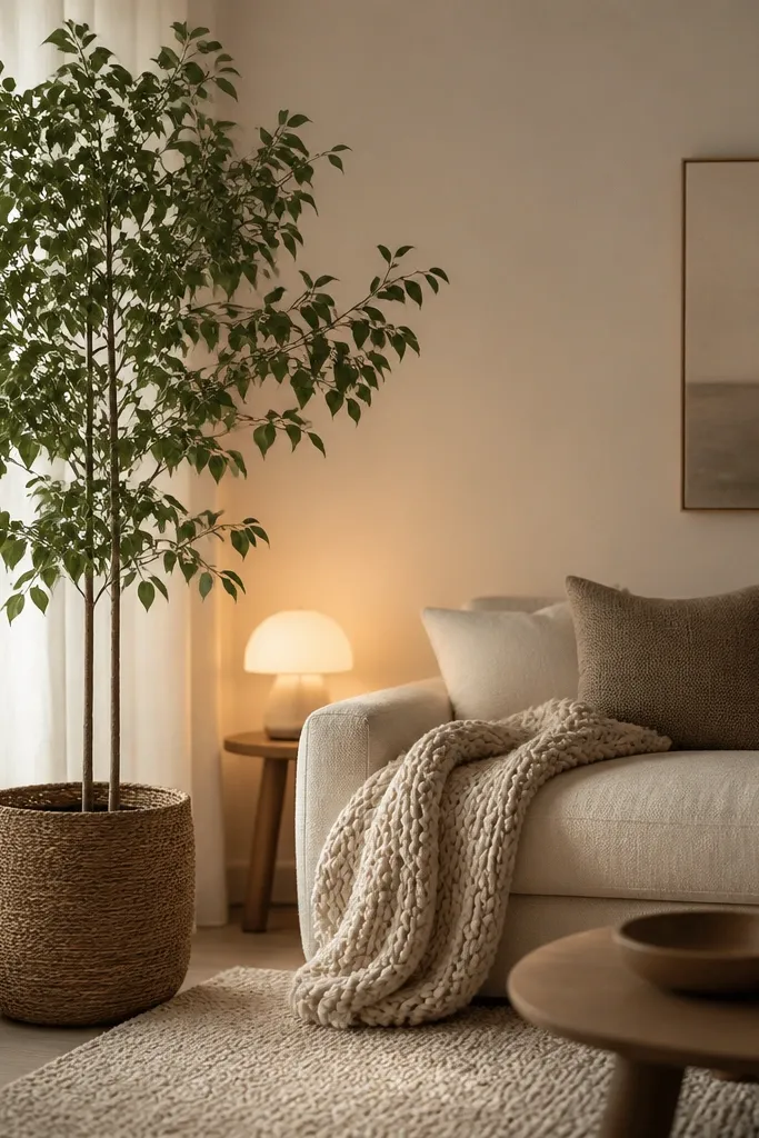A small living room with a tall leafy plant in a woven pot placed near the edge of the seating area. Behind the plant, there are sheer off-white curtains letting light through. The sofa is cream with a chunky knit throw. A small rug covers the floor, and a warm lamp glows near the plant.