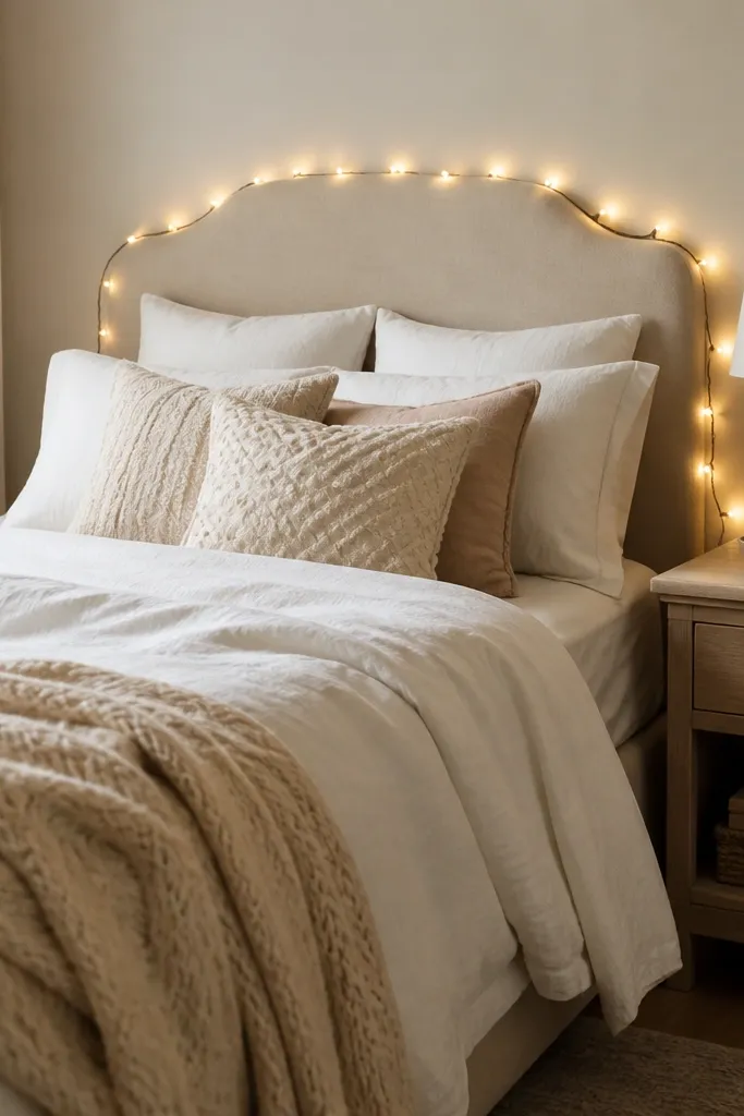 A small bed with a light beige headboard. Warm white fairy lights loop along the top bedframe rail, forming a soft halo above the pillows. A cream knit throw sits at the foot of the bed and the nightstand lamp is turned off.