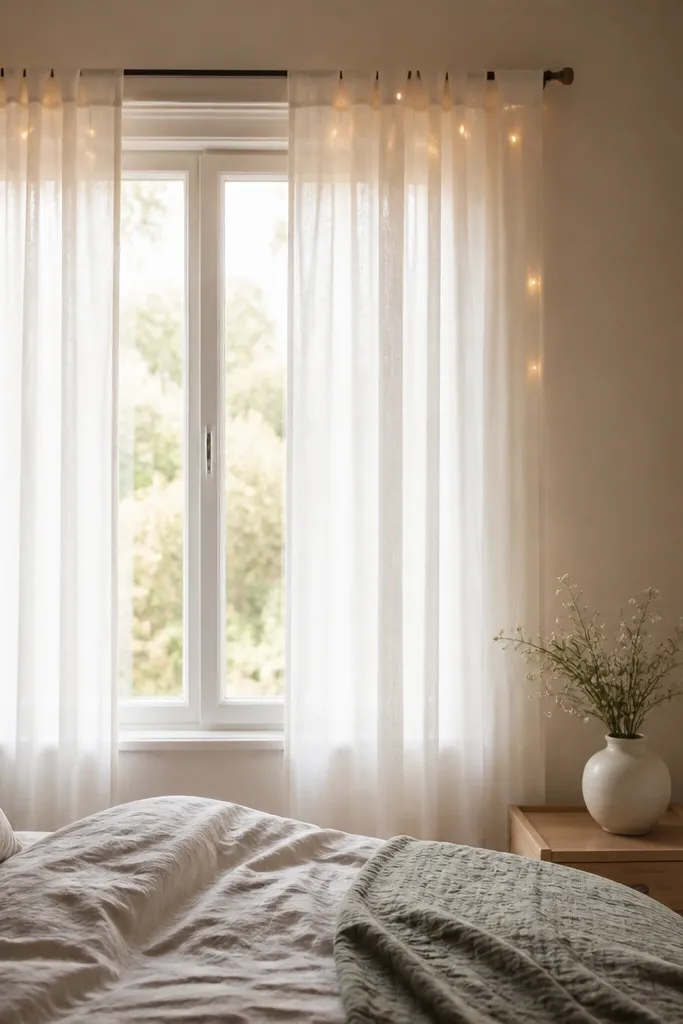 Sheer white curtains hang over a small window. Warm white fairy lights are clipped to the curtain rod with tiny clothespins, creating a faint sparkle that shows only when the curtains move. A bedside table holds a small ceramic vase.