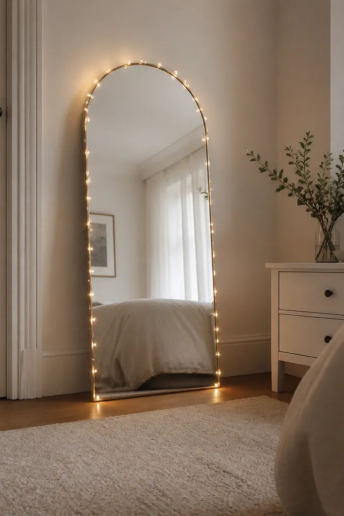 A small arched mirror leans against a wall near the bedroom door. Warm white fairy lights wrap around the mirror frame edge, forming a thin glowing outline. A neutral rug and a white nightstand sit nearby.