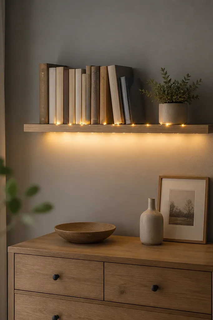 A narrow floating shelf above a small dresser holds a few books and a small plant. Warm white fairy lights are tucked under the shelf lip, lighting the book spines. The wall is a soft gray and the shelf is light wood.