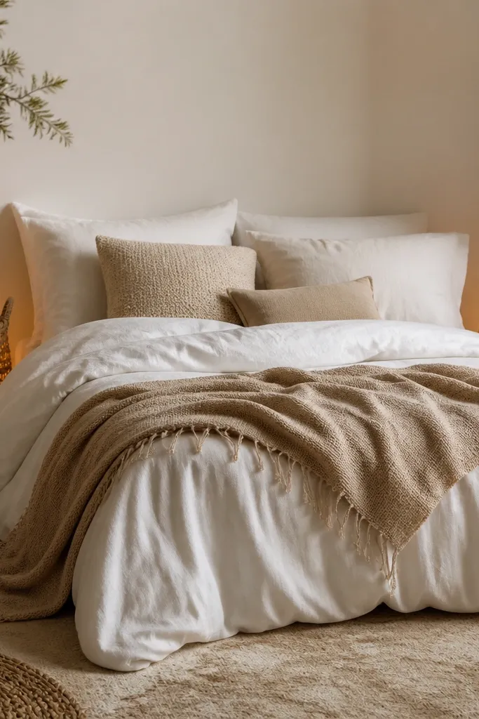 Two woven baskets sit on either side of a low bed. Warm white fairy lights are tucked inside the baskets, creating a soft glow spilling out through the weave. A white duvet and a tan throw fill the scene.