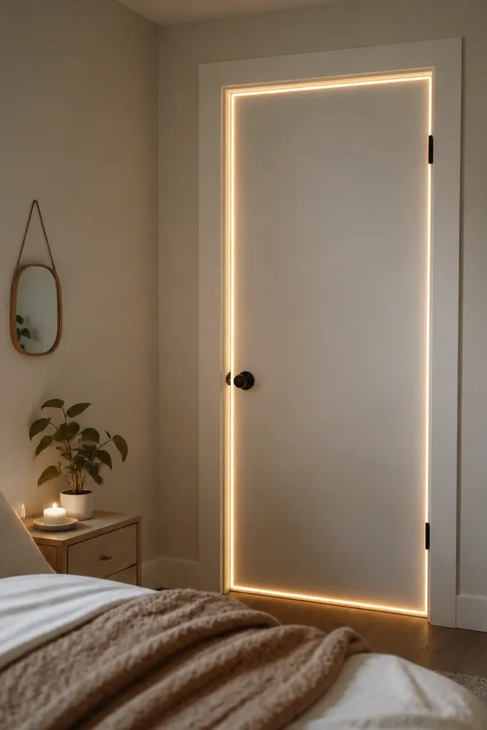 A small bedroom has a white closet door with a simple frame. Warm white fairy lights are applied along the inside edge of the door, forming a thin glowing line when the door is closed. The rest of the wall is plain.