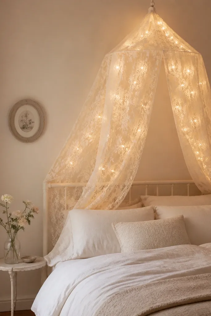 A small bed has a sheer lace canopy panel above it. Warm white fairy lights are woven into the canopy fabric so the glow looks like it's behind the lace. The walls are soft cream with a small side table.