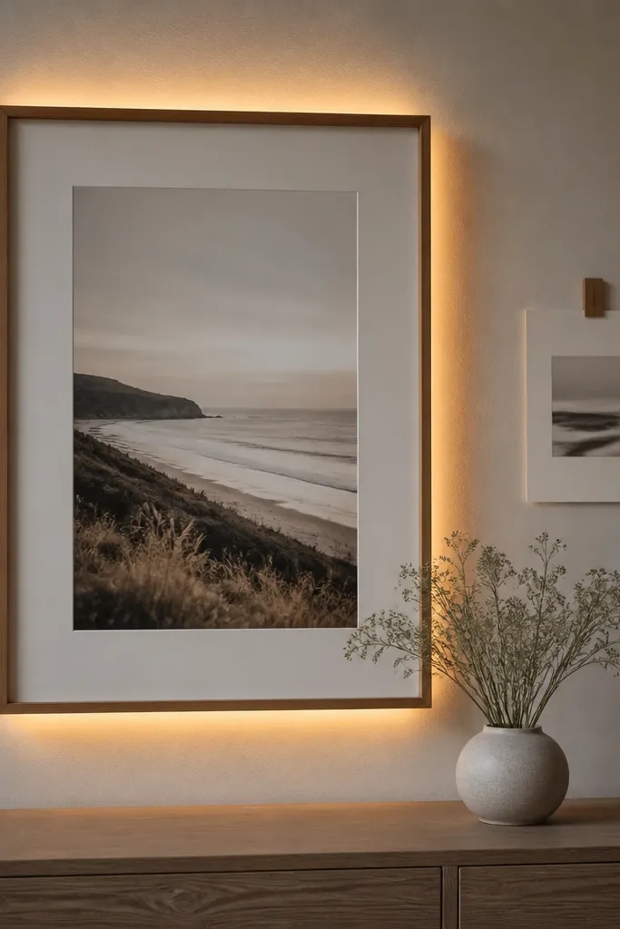 A small wall gallery has a single photo frame and a small print. Warm white fairy lights are mounted behind a thin wooden picture frame border, creating a glow around the art. There's a small vase on the dresser below.