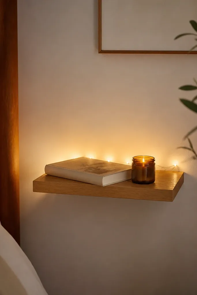 A tiny wall shelf acts as a nightstand. Warm white fairy lights are glued along the back edge of the shelf, lighting the wall behind it. A book and a small candle jar sit on top.