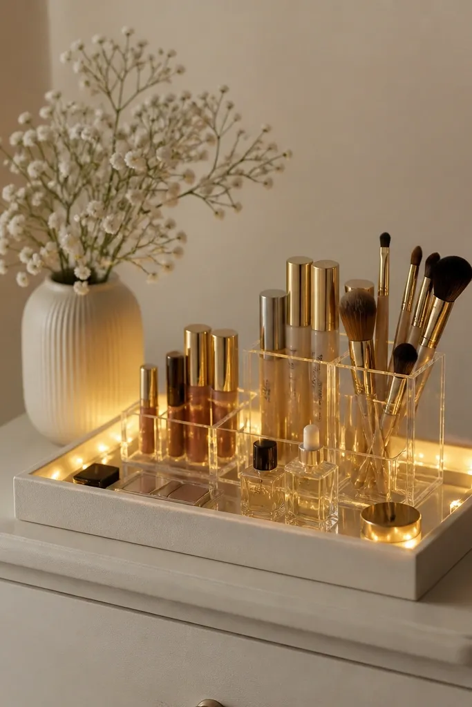 A small dresser with a simple lamp is replaced by a fairy light strip placed inside a shallow tray. Warm white fairy lights outline the tray edges and light a makeup organizer. No mirror is visible.