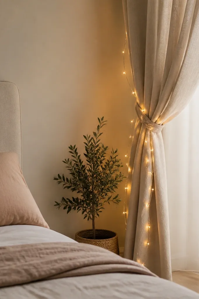 A corner of the bedroom has a curtain tied back with a fabric ribbon. Warm white fairy lights are wrapped around the tie-back and lightly drape down the wall. A small floor plant sits nearby.
