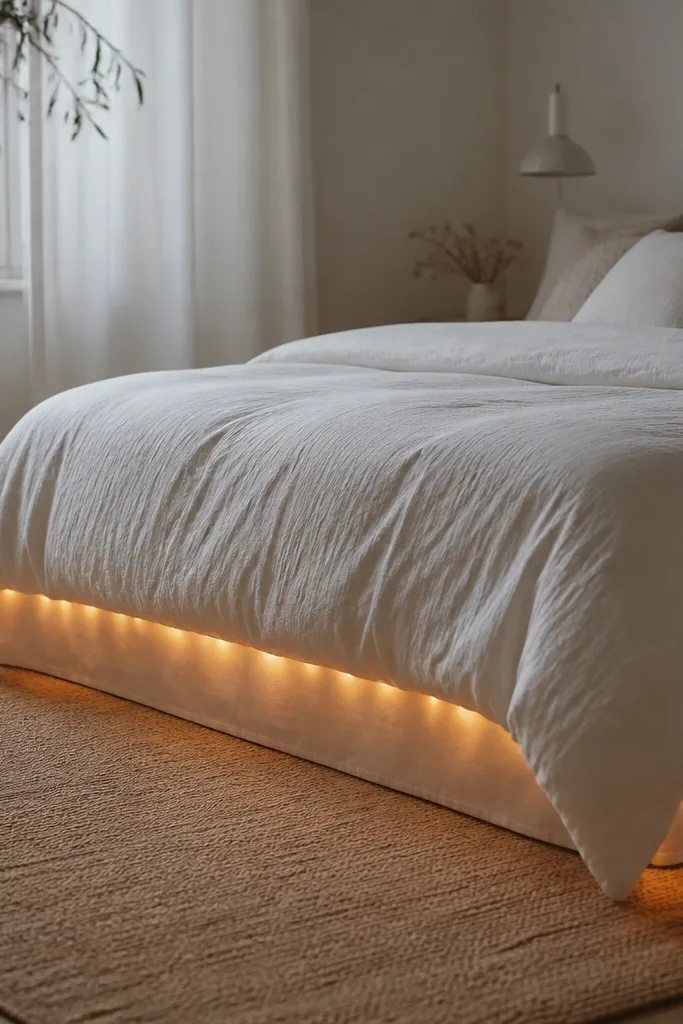 A small bed with a white duvet has fairy lights tucked under the duvet edge along the sides. The lights are hidden so only a soft glow line shows at the bed skirt height. The room has a neutral rug.