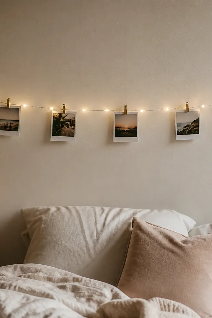 A small wall has a thin wire or string line with mini photo clips. Warm white fairy lights run behind the clips at eye level. A few polaroids hang evenly, and the bed is visible below.