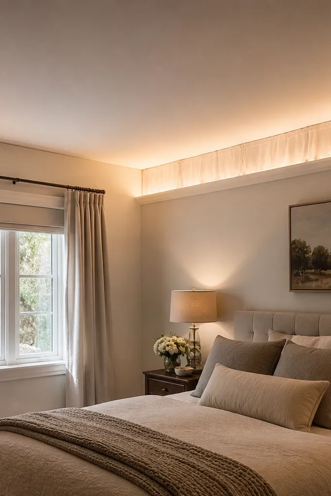 Warm white fairy lights are mounted along the top edge of the wall, aimed toward the ceiling. A white fabric shade or valance softens the glow. The ceiling has a gentle wash of light, not spots.