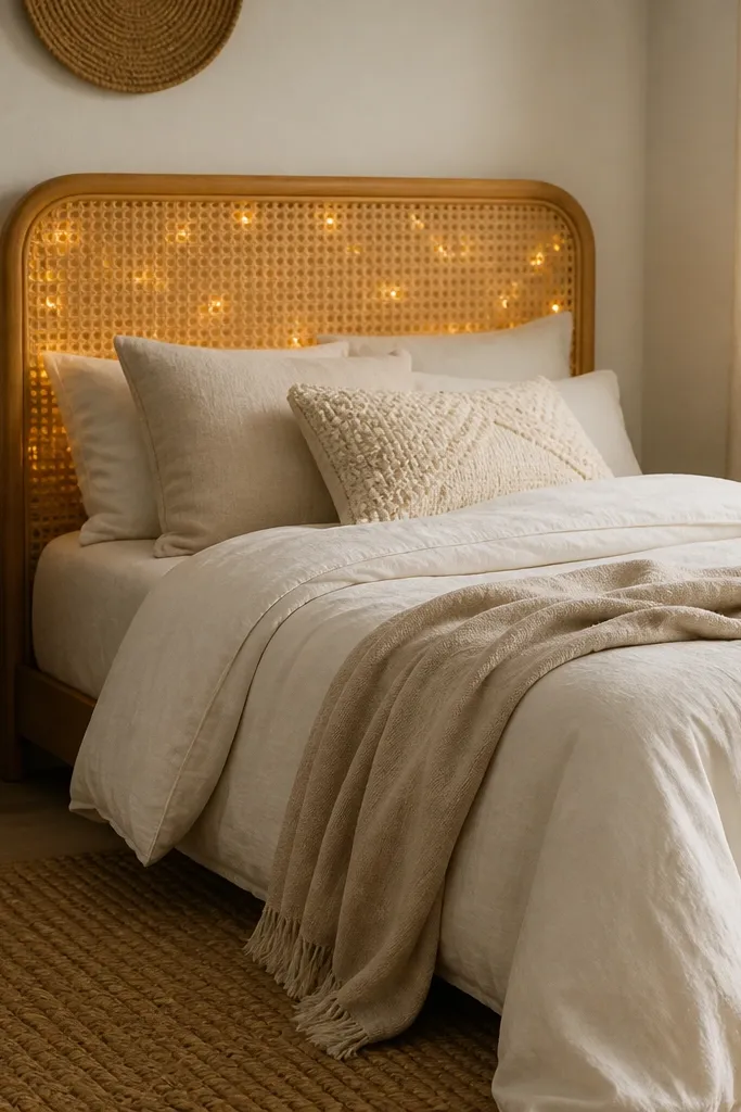 A small bed has a rattan or cane headboard. Warm white fairy lights are tucked between the weave sections so the glow appears through the rattan pattern. The bedding is cream and the floor rug is natural jute.