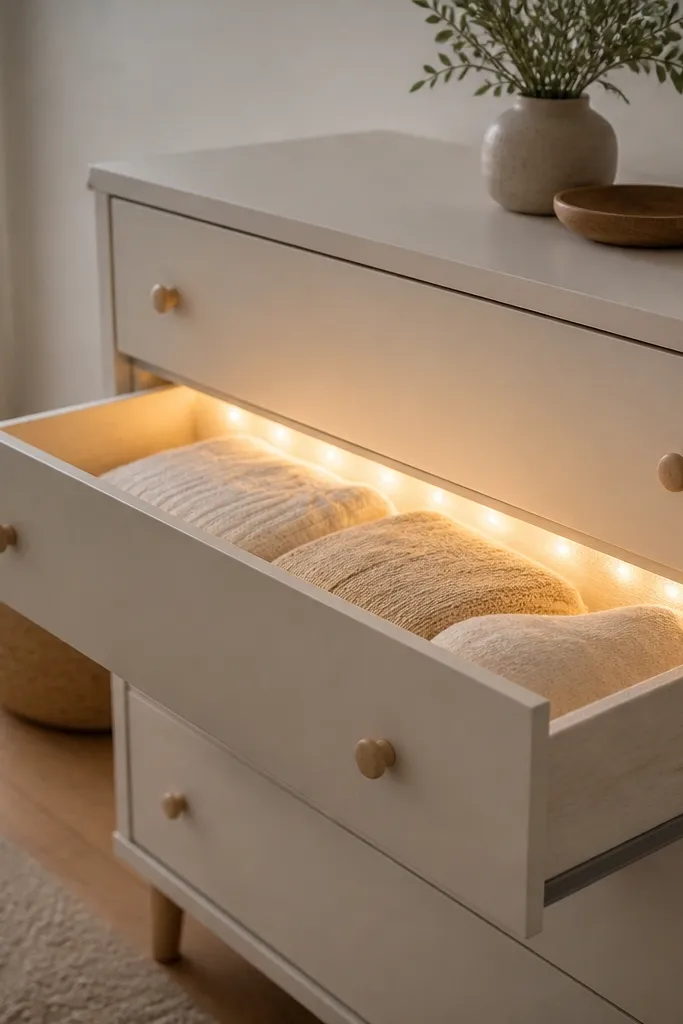 A small dresser has an open drawer. Warm white fairy lights are lined along the inside back edge of the drawer under a soft white fabric liner. The drawer glow is visible when the drawer is open.