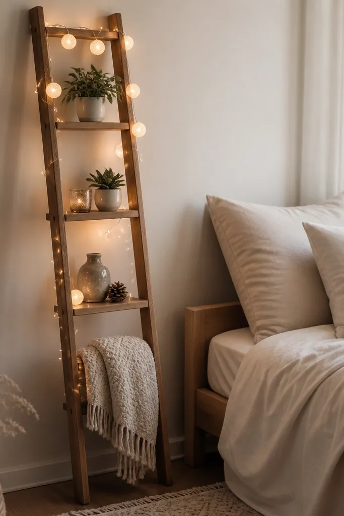 A narrow wooden ladder shelf leans against the wall next to a small bed. Warm white fairy lights are threaded through the shelves and small orb-like bulb covers hang near the top rung. A small blanket is draped on a lower rung.