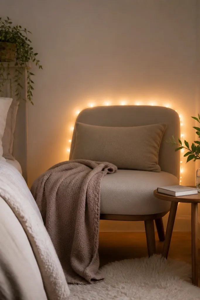 A small bedroom corner has a chair or reading stool with a soft throw. Warm white fairy lights are mounted behind the chair back along the wall, visible as a glowing outline when you sit. A small side table holds a book.