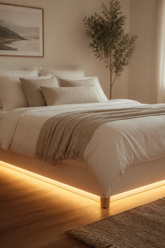 A small bed sits on short legs. Warm white fairy lights are placed around the underside perimeter behind a thin white fabric valance strip. The floor shows a soft glow line around the bed.