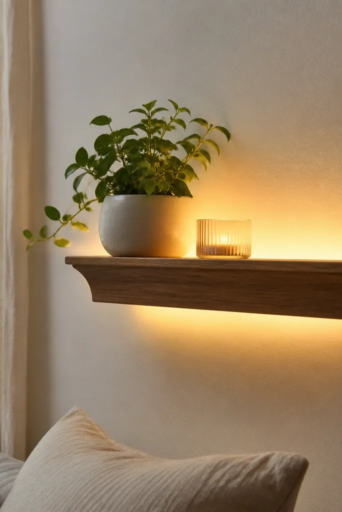 A picture ledge shelf sits on the wall like a small ledge sconce. Warm white fairy lights are tucked behind the ledge so the wall has a warm glow halo. A small plant and a candle sit on top.
