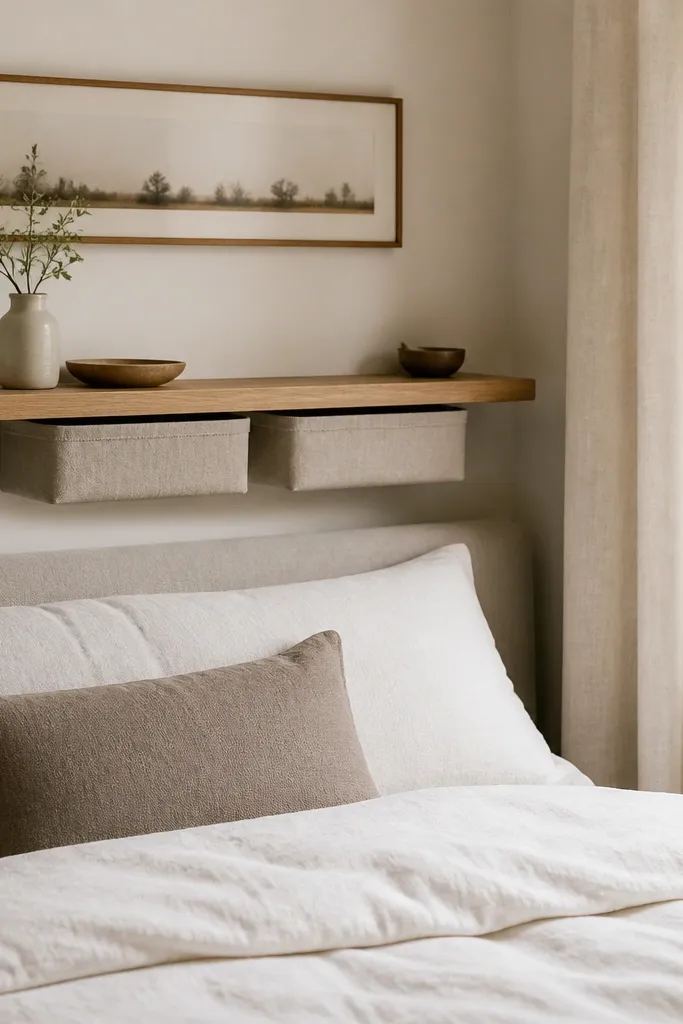 A small bedroom wall has a light oak wall-mounted shelf about 10 inches deep. A narrow framed print sits above it. Two slim storage baskets in neutral fabric slide under the shelf. The bed below has a white linen duvet and a low-profile headboard.