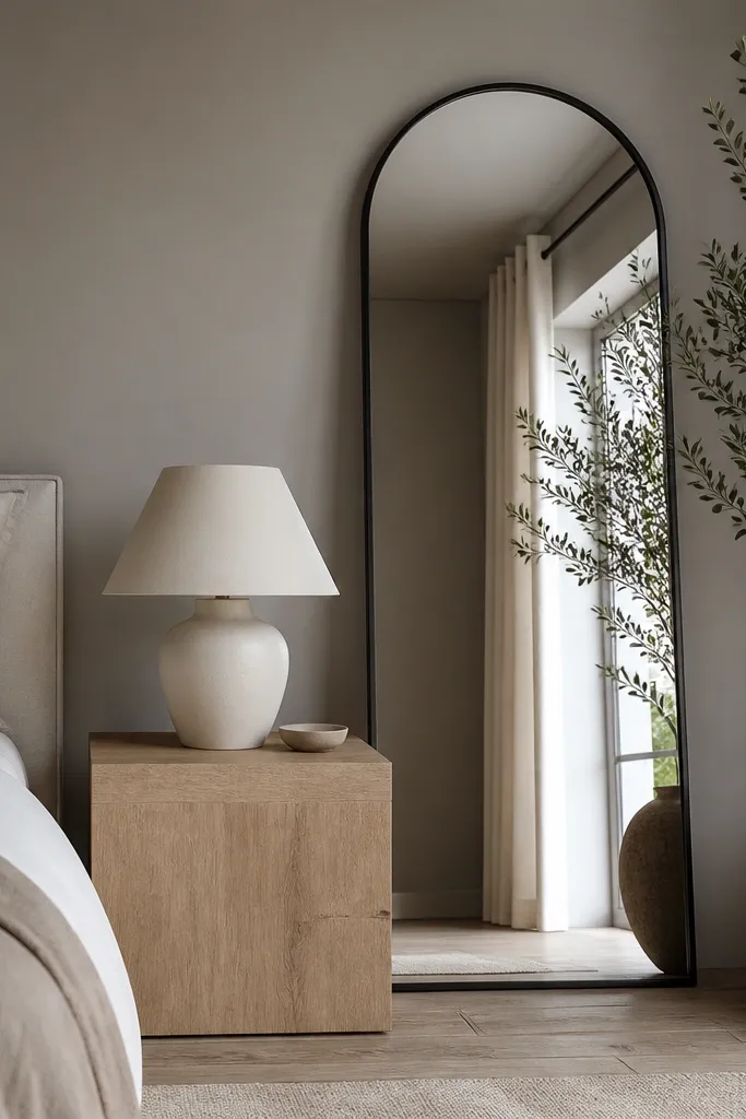 A full-height arched mirror leans against the wall behind a small nightstand. The mirror frame is thin black metal. The nightstand is a light wood cube with a white ceramic lamp. Behind the mirror, the wall is painted a soft warm gray.