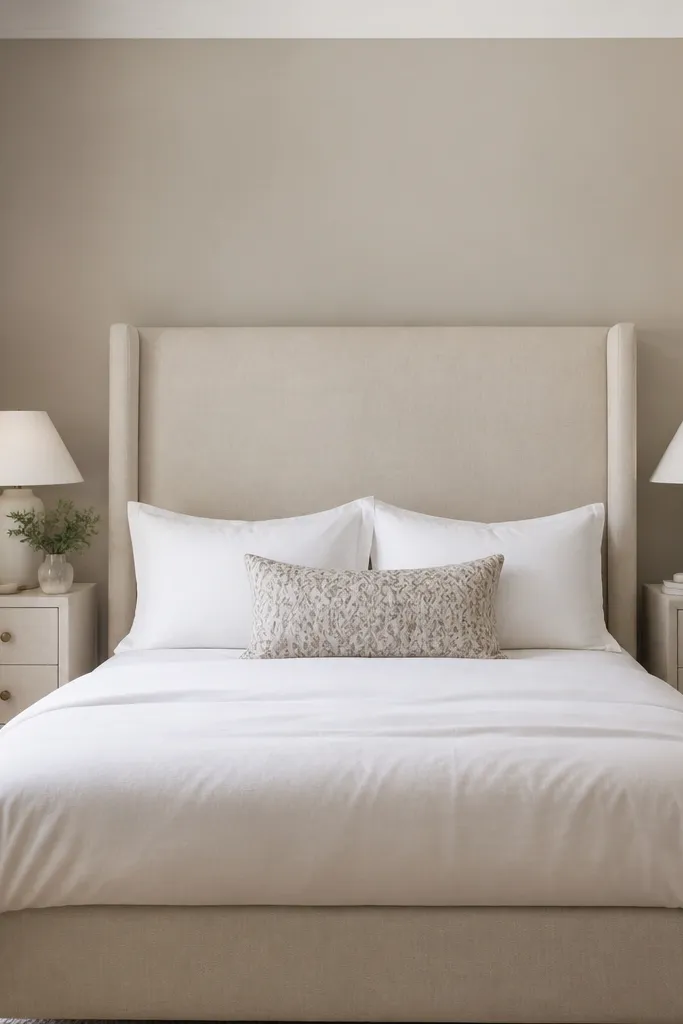A small bedroom shows a tall upholstered headboard in oatmeal linen. The bed has white pillowcases and a single patterned lumbar pillow. The wall behind is painted a pale greige. The nightstands are narrow and match the headboard's light tone.