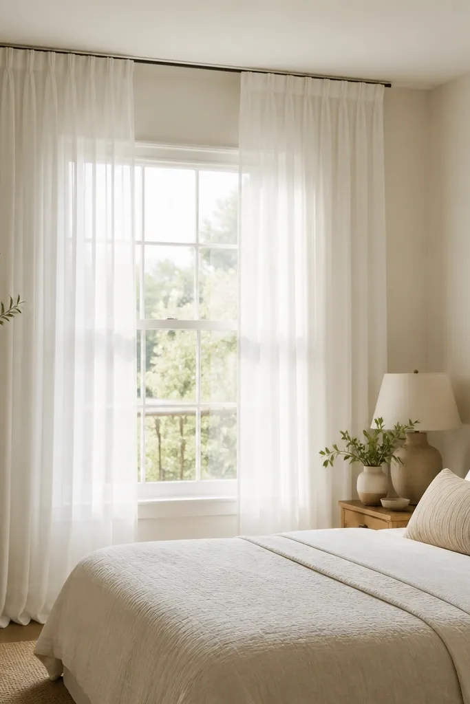 Ceiling-mounted curtain rod holds sheer white panels that fall to the floor. The rod sits near the ceiling line, about 6 inches above the window frame. The bed is visible beneath, and the wall is painted a creamy off-white.