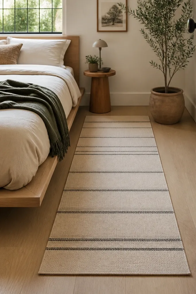 A small bedroom has a low-profile bed with a runner rug placed lengthwise from the foot of the bed toward the door. The rug is light beige with thin dark stripes. The floor is pale wood, and the rug edges are straight and not curled.