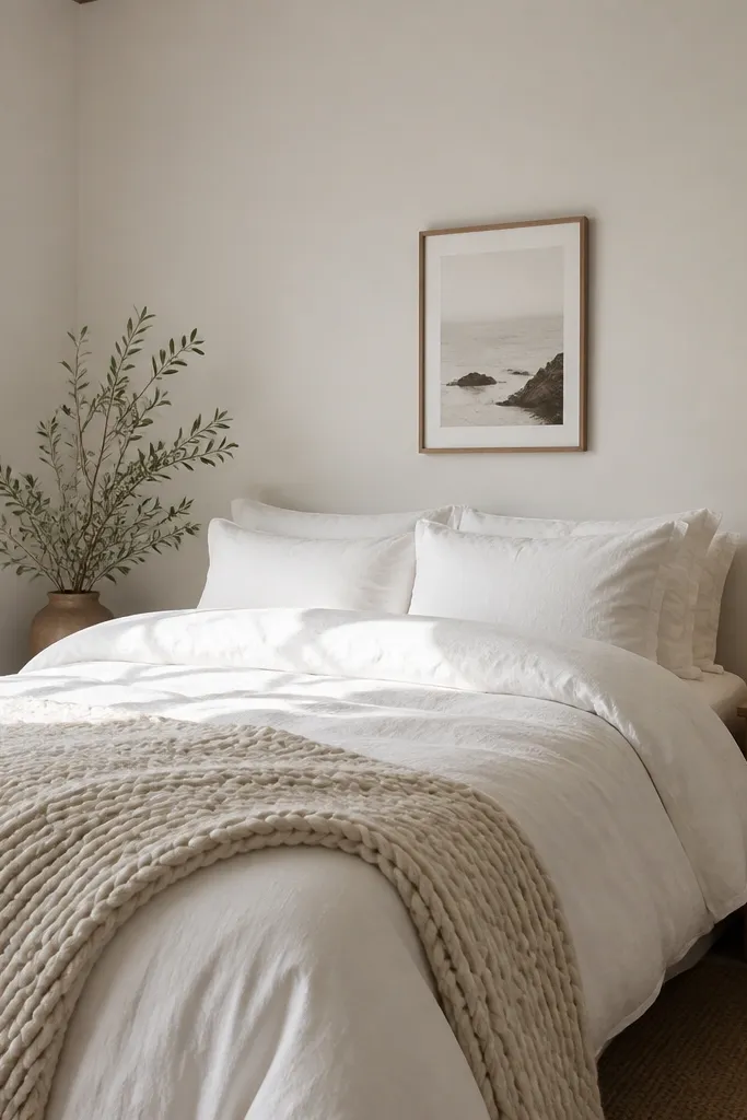 The bed is styled with a monochrome look: a white duvet and white pillowcases, plus a chunky knit throw in cream. There's one small framed print above the bed. The nightstand lamp has a linen shade.