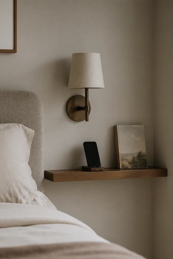 A thin floating shelf sits above where a nightstand would be. A phone sits on a small charging station, and a paperback is propped upright. A small wall sconce with a fabric shade is mounted beside the shelf.