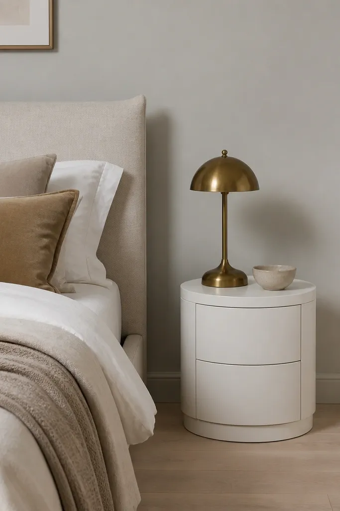 A round white nightstand sits next to the bed, with a small brass lamp and a ceramic bowl. The room has soft gray walls and a light wood floor. The corners around the nightstand are clear with a small gap to the bed.
