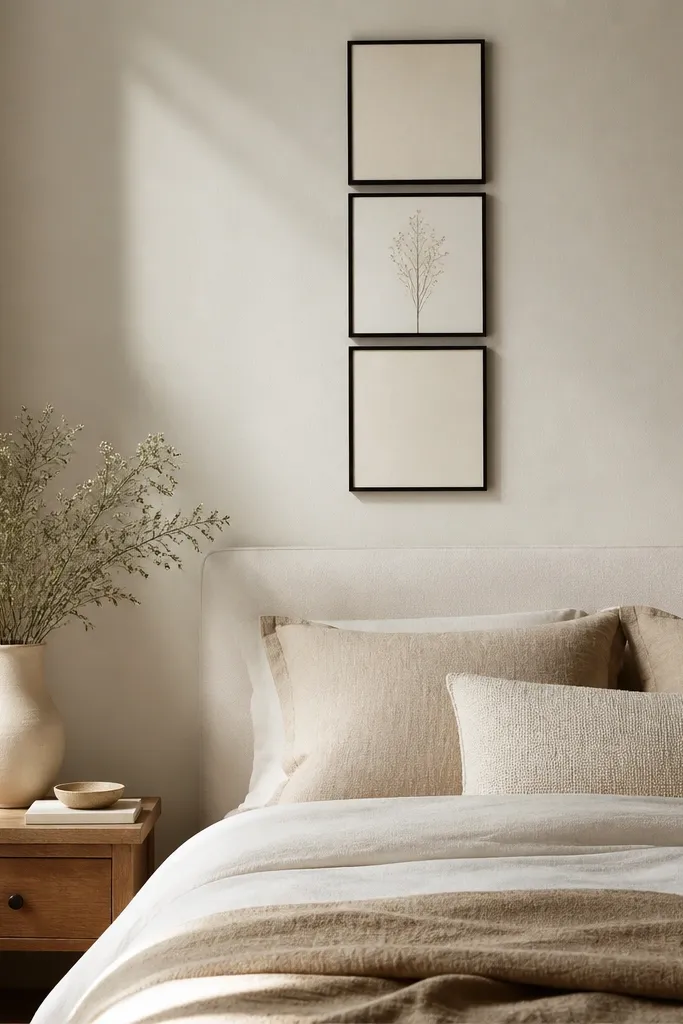 Above the bed, there are three small frames arranged in a neat vertical grid. The frames are thin black, and the spacing between them is equal. The prints are simple: one has a soft botanical line drawing, two are solid cream with minimal text.