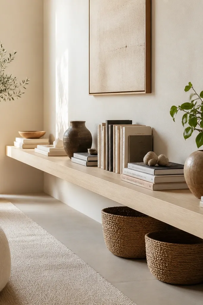 A long floating shelf runs along one wall with a mix of books stacked upright and horizontal. Under the shelf are two woven baskets tucked into the space. The wall color is warm white, and the shelf is pale wood with a matte finish.
