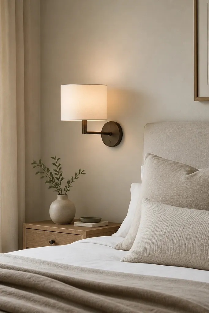 A small bedside wall has a plug-in sconce with a fabric drum shade. The lamp is positioned beside the bed at about pillow height. There's no floor lamp base taking up space, and the room has a calm neutral palette.
