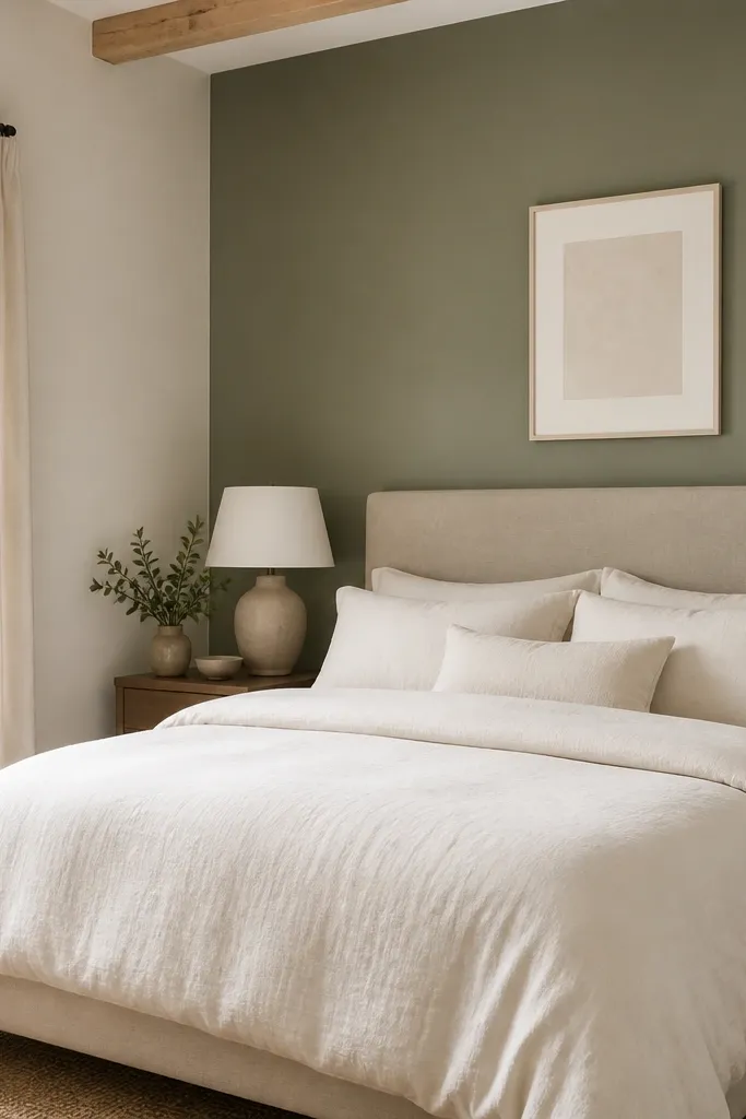 The wall behind the bed is painted a muted sage-green, while the other walls are creamy white. The headboard is oatmeal linen, and the bedding is ivory. A single framed print in off-white sits centered above the headboard.