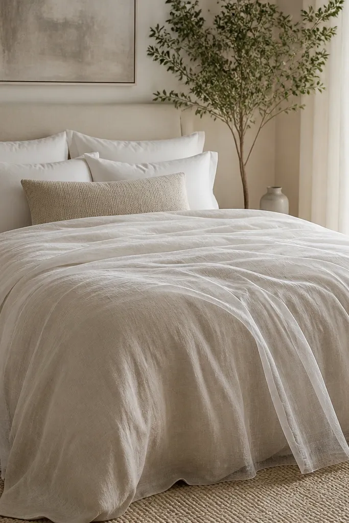 A solid oatmeal duvet covers the bed, and a sheer white fabric overlay drapes over the top layer. The overlay falls in soft folds and catches light. The pillows are white with a single textured lumbar pillow.