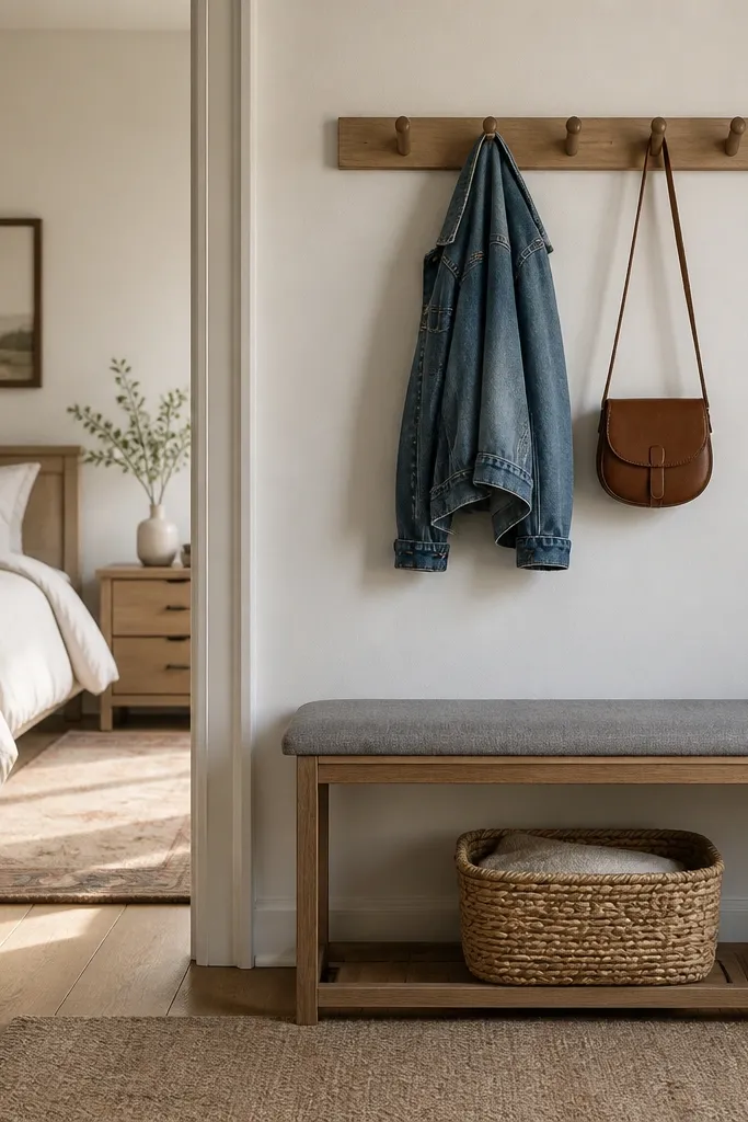 By the bedroom entry door, there's a wall-mounted peg rail with 6 hooks. A denim jacket and a small leather bag hang neatly. Below the hooks is a narrow bench with a gray cushion and a woven basket.