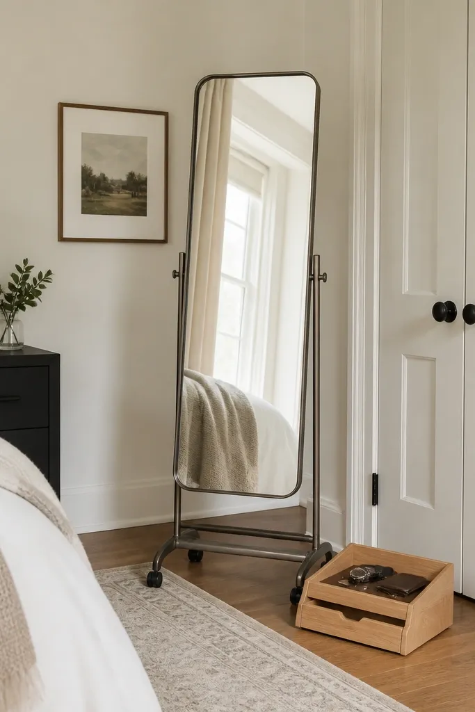 A full-length mirror on a slim rolling stand sits beside the closet door. The stand has small wheels and a metal frame. A light wood valet tray is on the floor next to it.