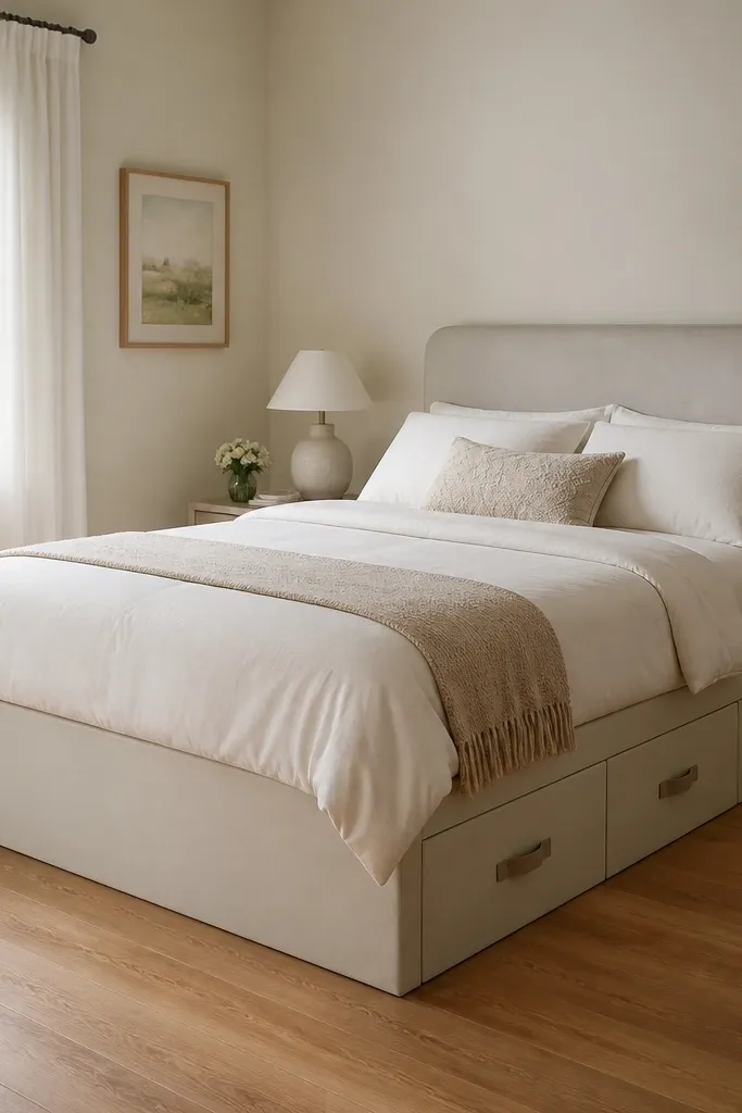 A small bedroom shows a bed with a low frame and built-in drawers underneath. The drawers have simple fabric pulls in a neutral color. The bedding is light and the headboard is upholstered. The floor space around the bed is clear.
