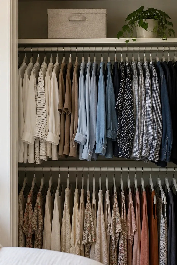 Inside a bedroom closet, there are two hanging rods with neatly hung shirts and dresses. Slim plastic or fabric hangers match across the closet. A labeled bin sits on the top shelf.