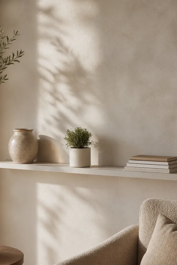 A narrow floating ledge runs horizontally on the wall with small decor items: a ceramic vase, a mini plant in a white pot, and a small stack of books. The items are spaced with breathing room.