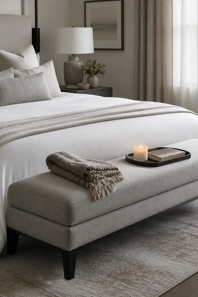 At the foot of the bed, a narrow upholstered bench in light gray sits with a folded throw blanket on top. A small tray holds a candle and a book. The bench length matches the bed width minus a few inches.