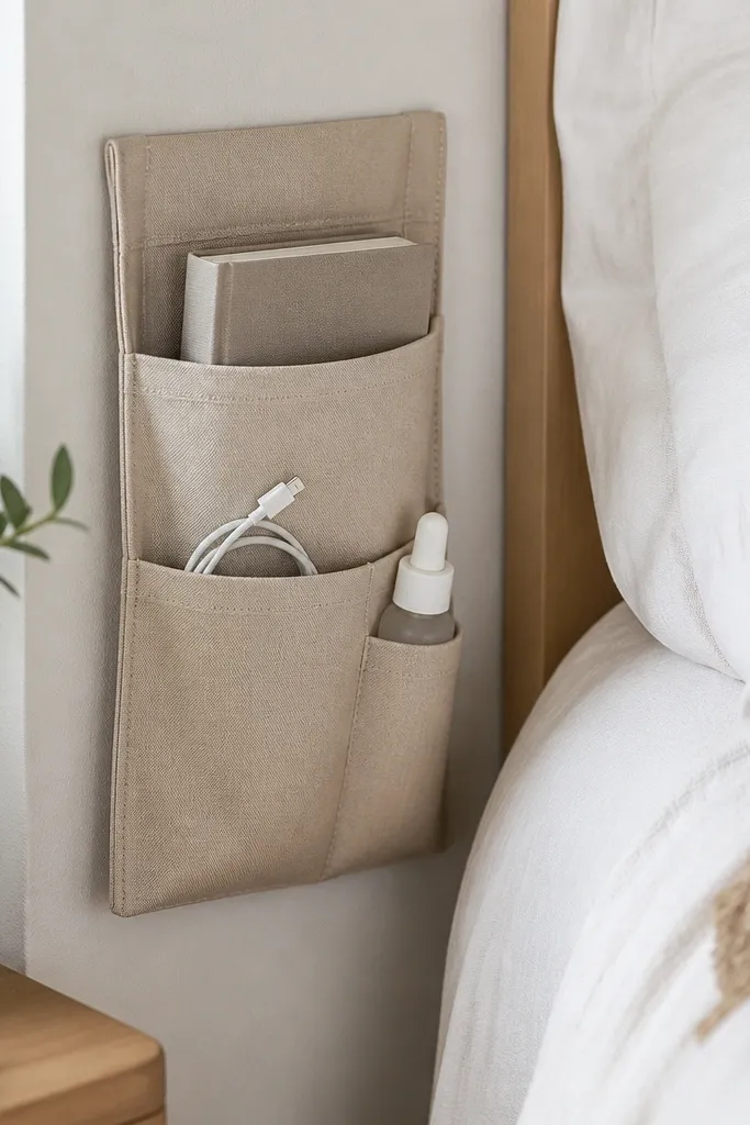 A fabric wall organizer pocket hangs next to the bed on the inside wall. It has multiple compartments holding a book, a charging cable, and a small skincare bottle. The fabric is neutral beige with simple stitching.